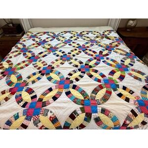Vintage Handmade Colorful Floral Scrap Pink Double Wedding Ring Full Quilt 80x90